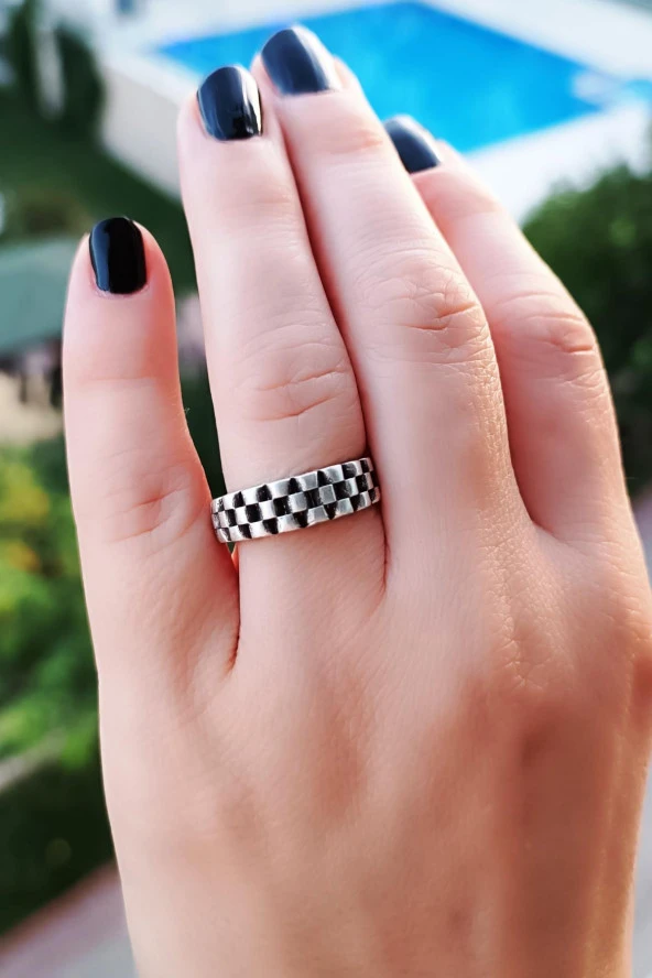 Kareler Şekilli Kadın Yüzük Gümüş Kaplama Ayarlanabilir El Yapımı Kadın Yüzük - Resim 2