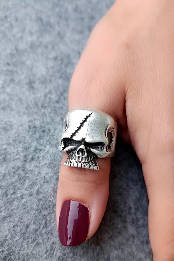 Dikişli Kuru Kafa Şekilli Erkek Yüzük Gümüş Kaplama Ayarlanabilir El Yapımı Erkek Yüzük - Resim 4