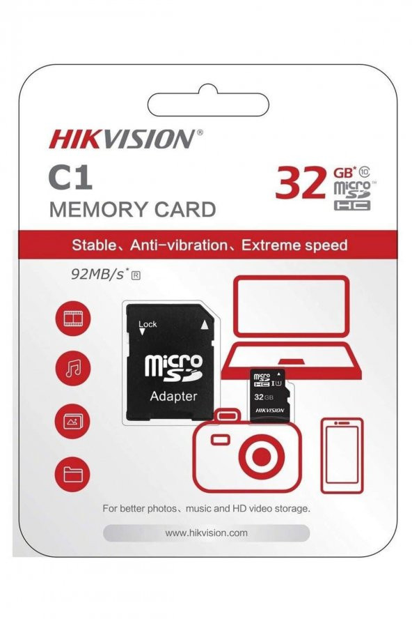 HIKVISION 32GB MICROSDHC C1 MEMORY CARD 92MBS HAFIZA KARTI
