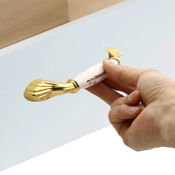 Elpedroso Lüks Porselen Mobilya Mutfak Çekmece Dolap Dolabı Kulpu Kulbu (128 MM-12.8 CM) Beyaz Gold - 6
