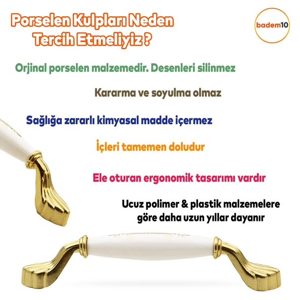 Elpedroso Lüks Porselen Mobilya Mutfak Çekmece Dolap Dolabı Kulpu Kulbu (160 MM-16.0 CM) Beyaz Gold - Resim 2