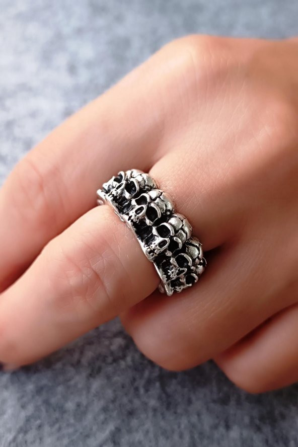 Kuru Kafalar Şekilli Unisex Yüzük Gümüş Kaplama Ayarlanabilir El Yapımı Gotik Yüzük ürün görseli 1