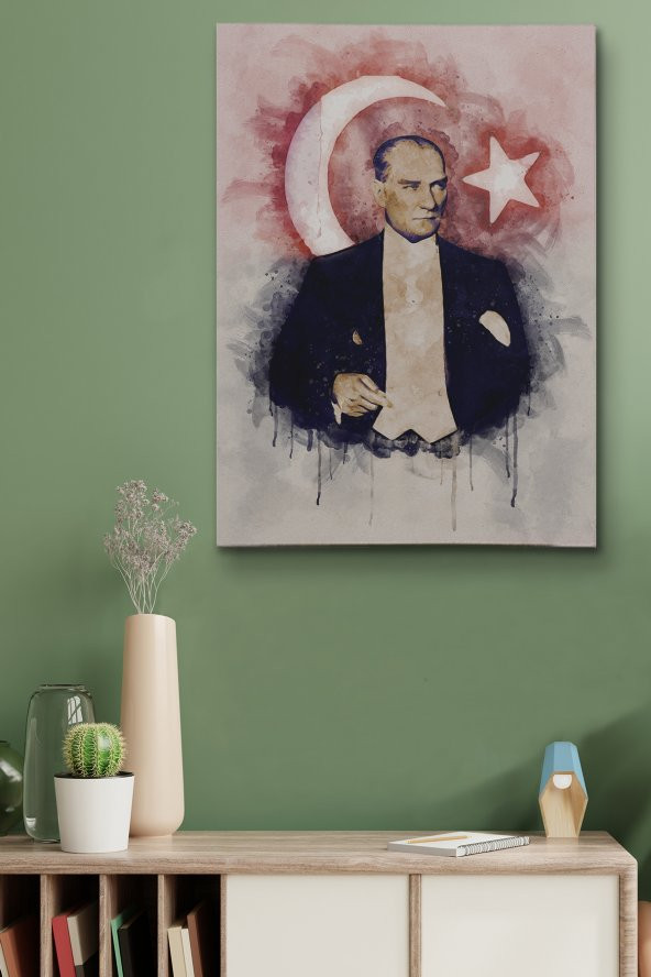 Mustafa Kemal Atatürk ve Türk Bayrağı Suluboya Görünümlü Dekoratif Kanvas Tablo
