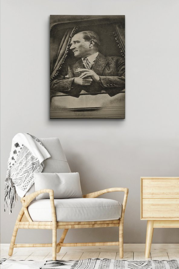 Mustafa Kemal Atatürkün Karakalem Görünümlü Portre Çizimi Dikdörtgen Dekoratif Kanvas Tablo - 2