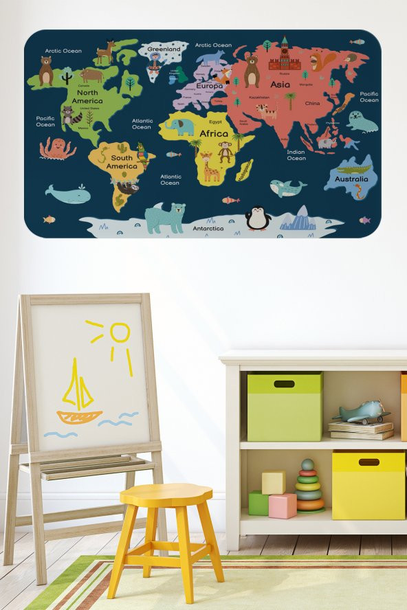 Eğitici Dünya Haritası Dünya Atlası Çocuk Ve Bebek Odası Duvar Sticker 