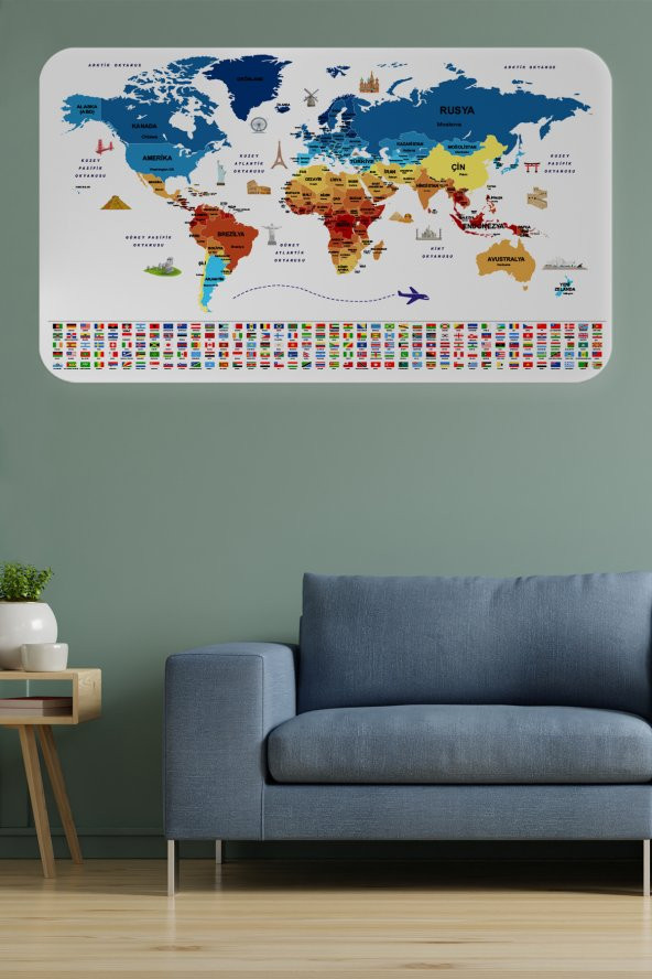 Ülke Bayrak lı Eğitici Başkent Detaylı Atlası Dekoratif Dünya Haritası Duvar Sticker 
