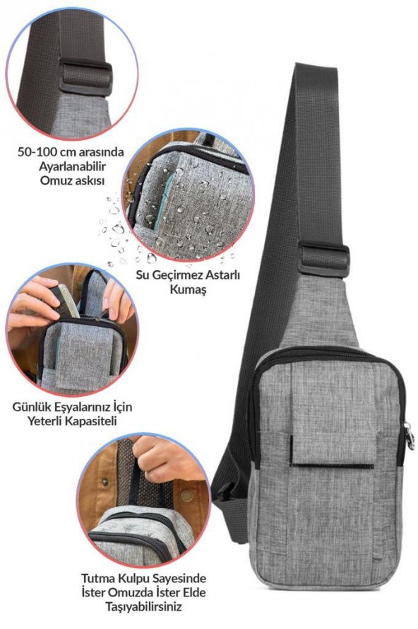 Vicenza BodyBag Göğüs Çantası Su Geçirmez Keten Kumaş Çapraz Askılı Bel Omuz Çanta Gri - 5