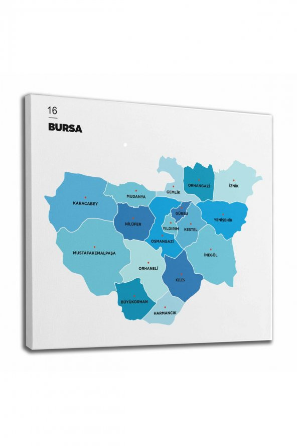 Bursa İli ve İlçeler Haritası Dekoratif Kanvas Tablo 1308 - 1