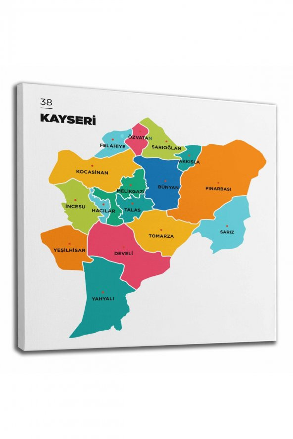 Kayseri İli ve İlçeler Haritası Dekoratif Kanvas Tablo 1385