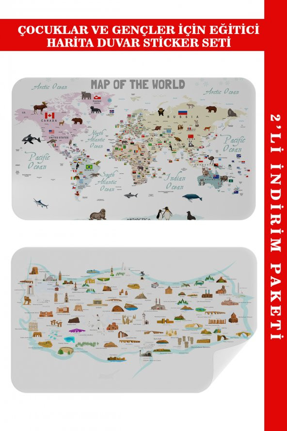 Eğitici - Öğretici Dünya ve Türkiye Haritası Çocuk Odası Duvar Sticker ı 3884