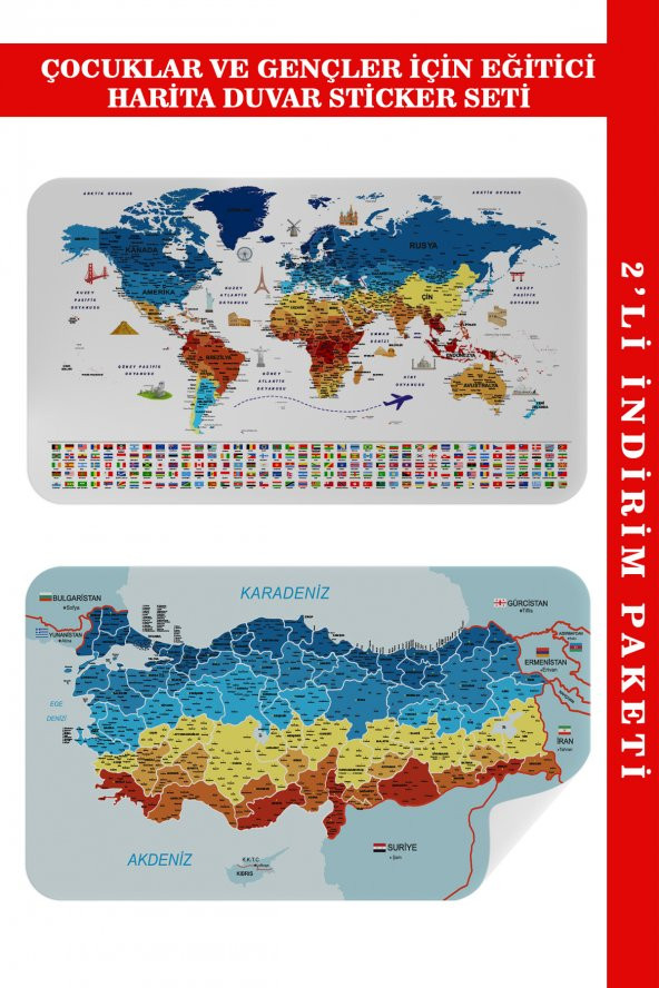 Eğitici - Öğretici Dünya ve Türkiye Haritası Çocuk Odası Duvar Sticker ı 3891