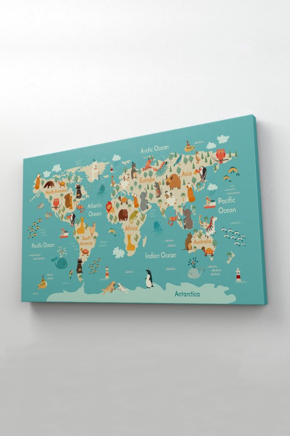 Hayvanlar Alemi Çocuk Odası Dünya Haritası Kanvas Tablo 1013