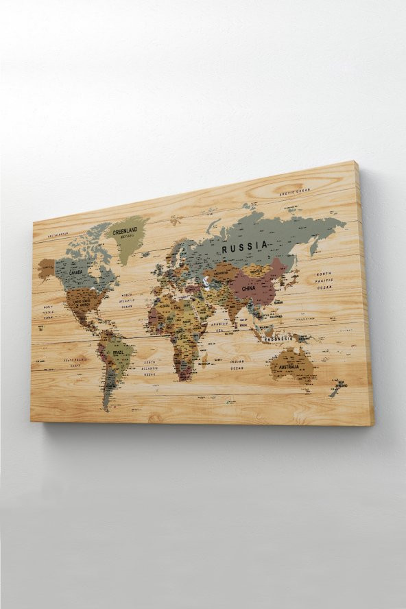 Ahşap Görünümlü Dünya Haritası Ayrıntılı ve Dekoratif Kanvas Tablo 1813