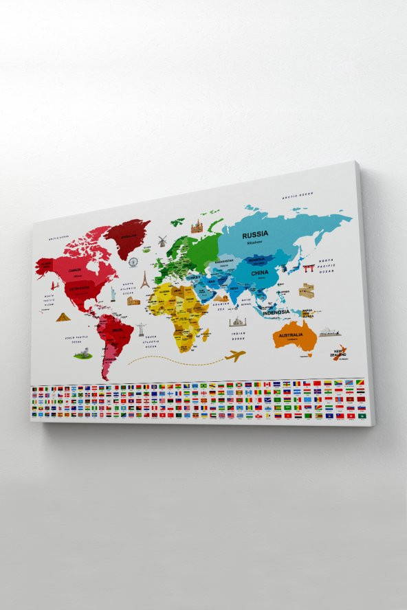 Dünya Haritası Ülke Bayraklı ve Başkentli Kanvas Tablo 1959