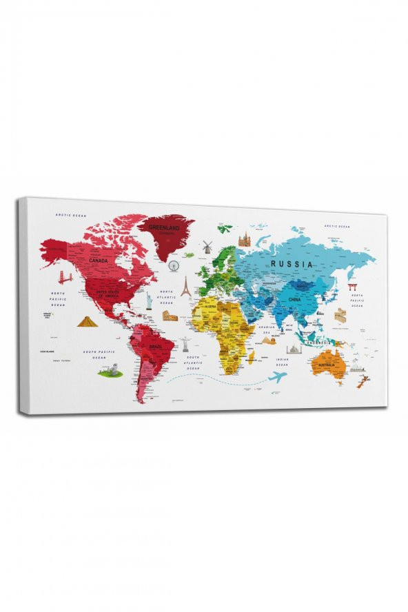 Dünya Haritası Son Derece Ayrıntılı Eğitici-Öğretici ve Sembollü Dekoratif Kanvas Tablo 3223