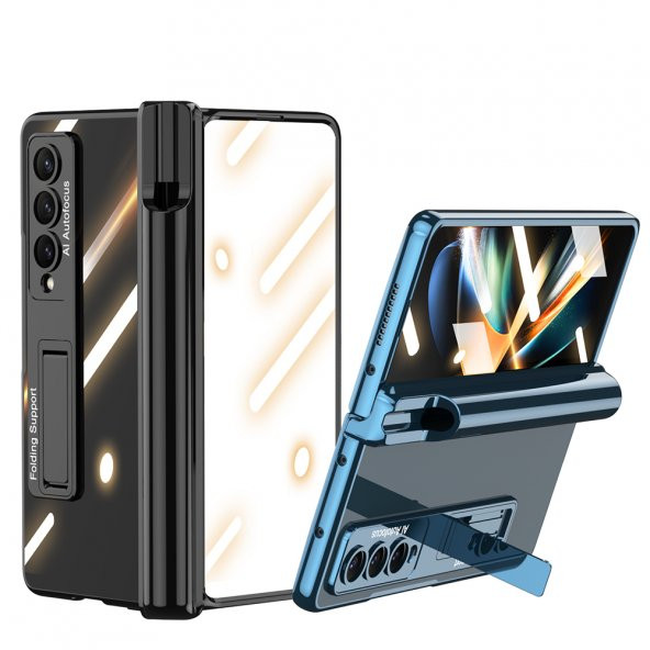 KNY Samsung Galaxy Z Fold 4 Kılıf Kalem Koymalı Standlı Renkli Kipta Kapak Siyah - 4