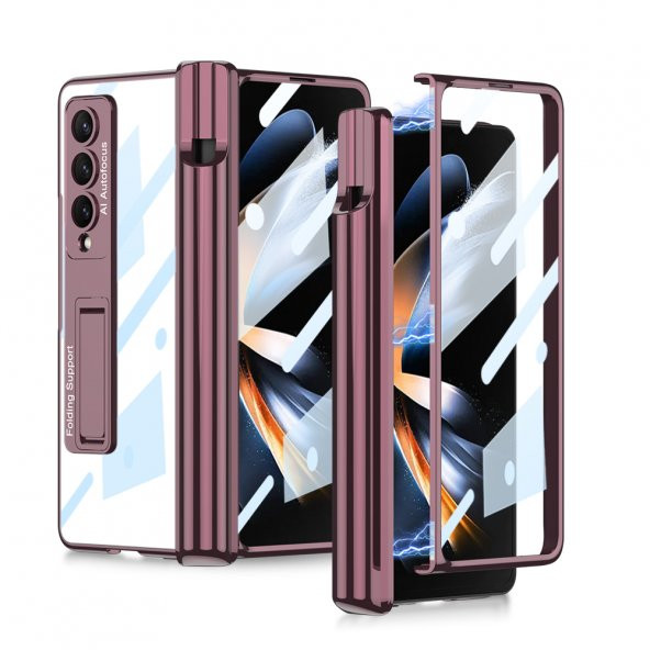 KNY Samsung Galaxy Z Fold 4 Kılıf Kalem Koymalı Standlı Renkli Kipta Kapak Mor