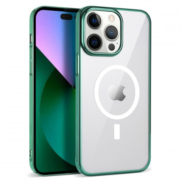 KNY Apple İphone 14 Pro Kılıf Renkli Kenarlı Magsafeli Sert Pixel Kapak Yeşil