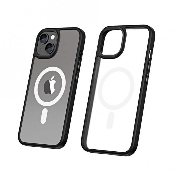 KNY Apple İphone 14 Pro Kılıf Renkli Silikon Kenar Buzlu Magsafeli Hibrit Kapak Siyah