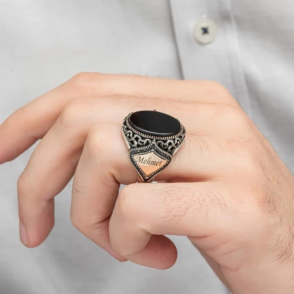 Oniks Taşlı İsimli 925 Gümüş Erkek Yüzük - 5
