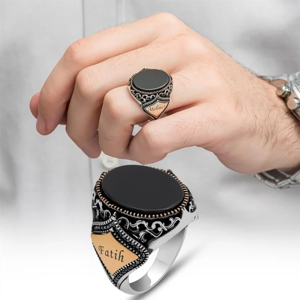 Oniks Taşlı İsimli 925 Gümüş Erkek Yüzük - 9