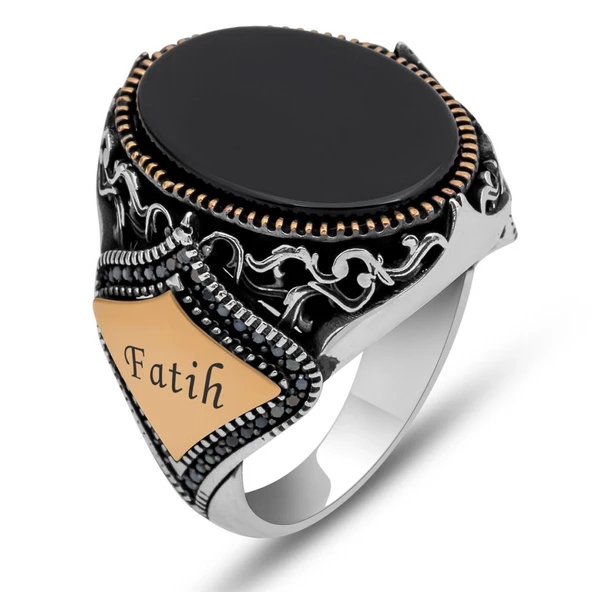 Oniks Taşlı İsimli 925 Gümüş Erkek Yüzük - 8