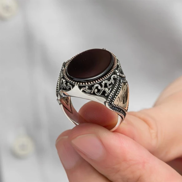 Oniks Taşlı İsimli 925 Gümüş Erkek Yüzük - 7