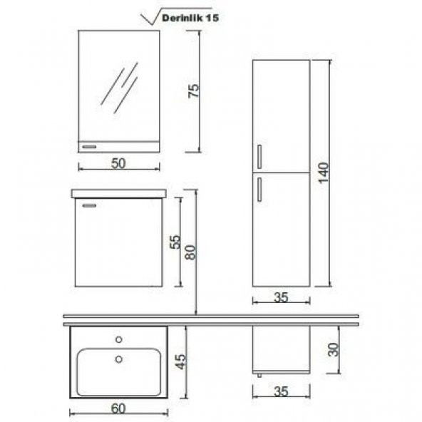 Denko Terra 60 cm MDF Alize Banyo Dolabı Takımı Aynalı Üst Modülü - 3