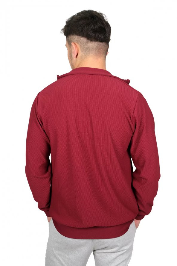 Erkek Petek Desenli Fermuarlı Jakarlı Bordo Hırka-2826 - 3