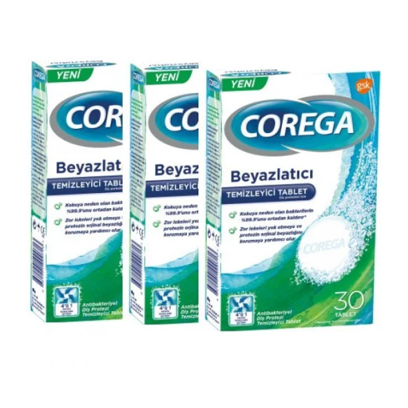 Corega Diş Protezi Beyazlatıcı Temizleyici 30 Tablet 3'lü Paket