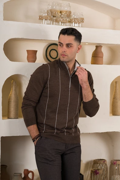 SAN&FA ÇİZGİLİ BALIKCI YAKA FERMUARLI REGULAR FİT ERKEK TRİKO KAZAK - 12