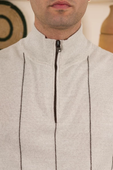 SAN&FA ÇİZGİLİ BALIKCI YAKA FERMUARLI REGULAR FİT ERKEK TRİKO KAZAK - 10