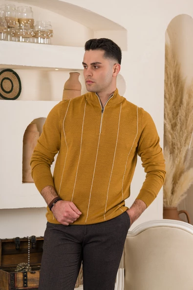 SAN&FA ÇİZGİLİ BALIKCI YAKA FERMUARLI REGULAR FİT ERKEK TRİKO KAZAK - 3