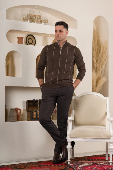 SAN&FA ÇİZGİLİ BALIKCI YAKA FERMUARLI REGULAR FİT ERKEK TRİKO KAZAK - 11