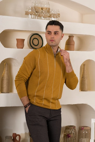 SAN&FA ÇİZGİLİ BALIKCI YAKA FERMUARLI REGULAR FİT ERKEK TRİKO KAZAK - 4