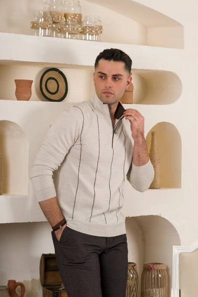 SAN&FA ÇİZGİLİ BALIKCI YAKA FERMUARLI REGULAR FİT ERKEK TRİKO KAZAK - 8