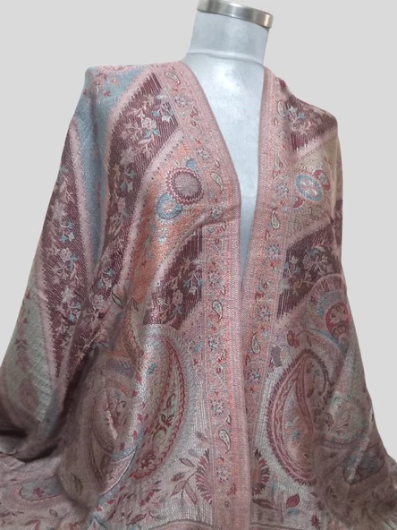 Desenli İpek Şal - Bordo/Renkli - Boyut/Ebat 1.92 / 71 cm - 2