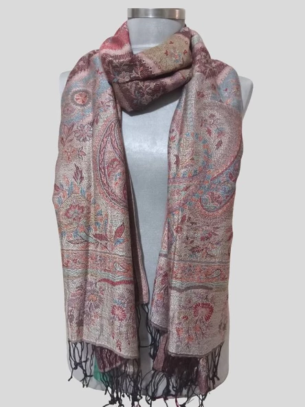 Desenli İpek Şal - Bordo/Renkli - Boyut/Ebat 1.92 / 71 cm - 3