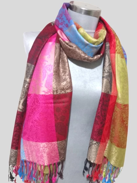 Kare Desenli Viskon Şal - Çok Renkli - Boyut/Ebat 1.80 /70 cm - 2