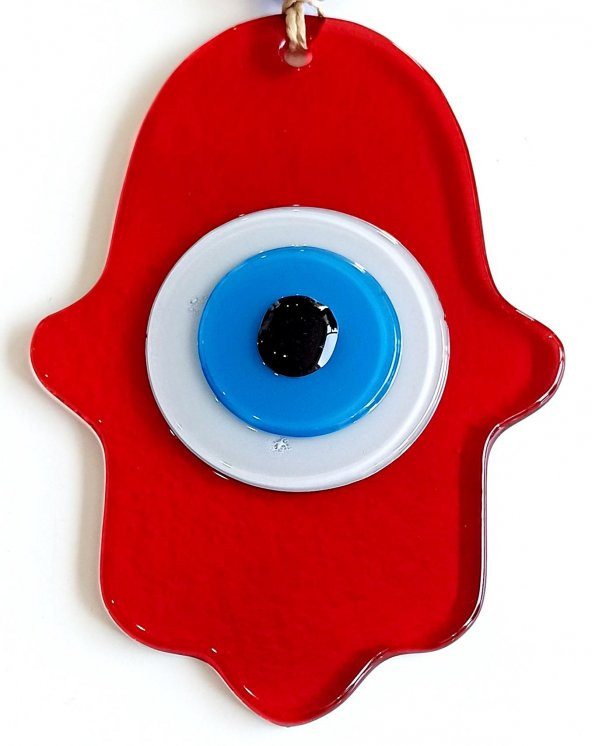 Nazar Boncuklu Kırmızı Renk Fatma Ana Bereket Eli Cam Duvar Süsü ürün görseli