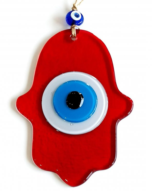 Nazar Boncuklu Kırmızı Renk Fatma Ana Bereket Eli Cam Duvar Süsü - Resim 2