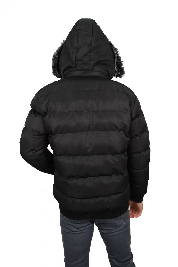 Erkek Özel Dolum Ribana Detaylı Kapüşonlu Siyah Mont-2857 - 3