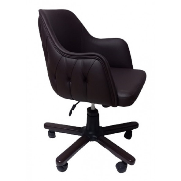 Ofis Koltuğu Çalışma Sandalyesi Ahşap Ayaklı Kahverengi Renkli Suni Deri - 2