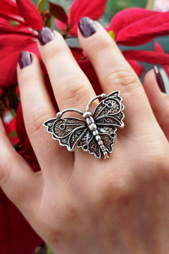 Kelebek Şekilli Kadın Yüzük Gümüş Kaplama Ayarlanabilir El Yapımı Kadın Yüzük