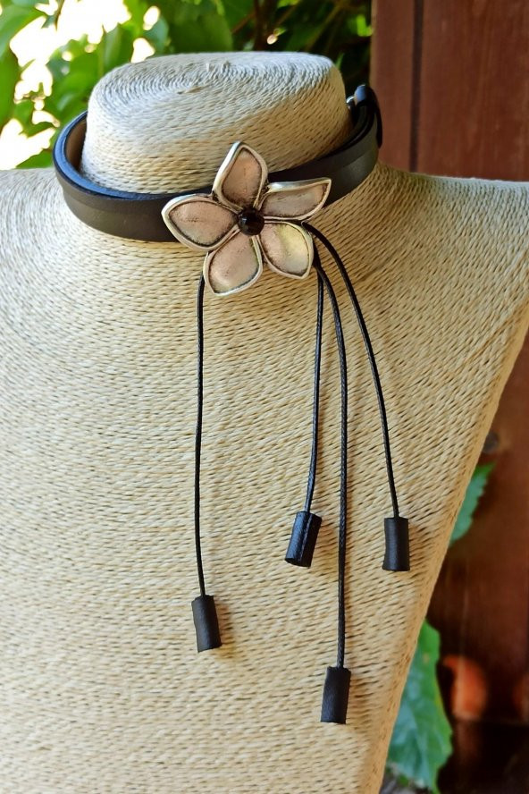Çiçek Şekilli Choker Kadın Kolye Gümüş Kaplama El Yapımı Deri Choker Tasma Kolye - 3