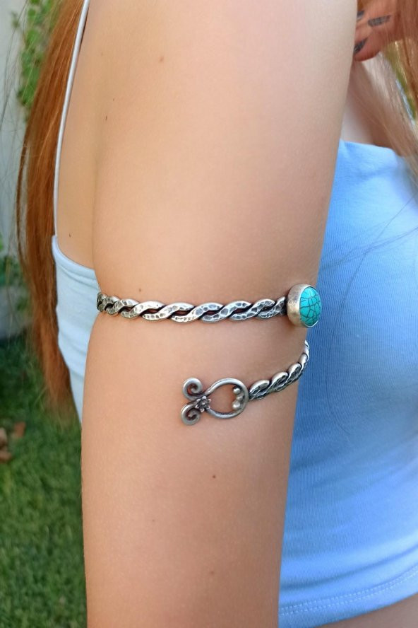 Burgu Şekilli Doğal Taşlı Kadın Kol Bilekliği Pazılık Gümüş Kaplama El Yapımı Ayarlanabilir Kol Bilekliği Pazılık - Resim 3