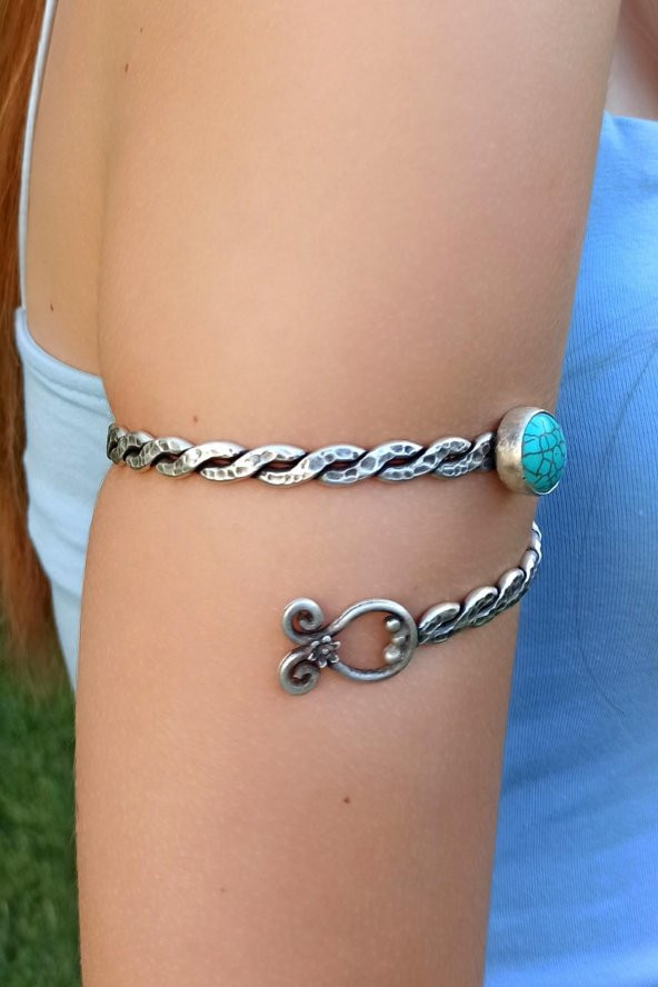 Burgu Şekilli Doğal Taşlı Kadın Kol Bilekliği Pazılık Gümüş Kaplama El Yapımı Ayarlanabilir Kol Bilekliği Pazılık - Resim 4