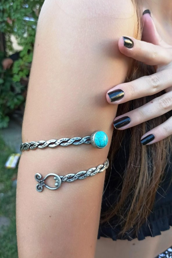 Burgu Şekilli Doğal Taşlı Kadın Kol Bilekliği Pazılık Gümüş Kaplama El Yapımı Ayarlanabilir Kol Bilekliği Pazılık - Resim 6