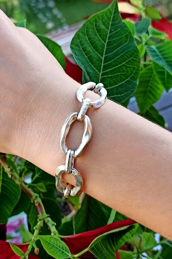 Zincir Şekilli Kadın Bileklik Gümüş Kaplama El Yapımı Ayarlanabilir Kadın Bileklik - Resim 3