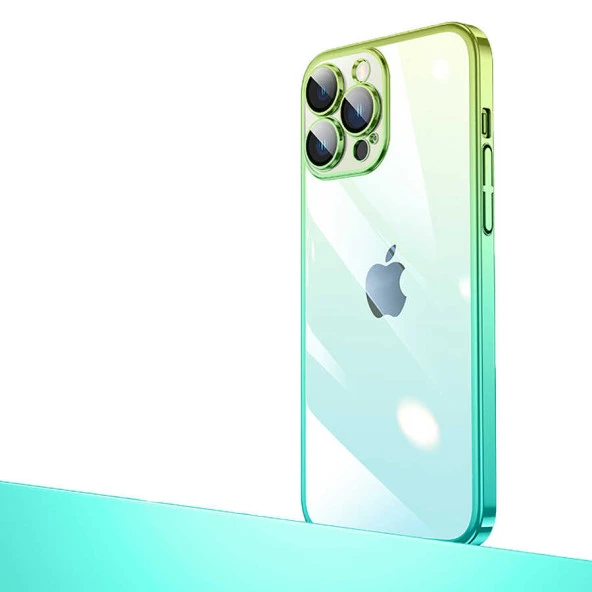 Apple iPhone 13 Pro Max Kılıf Parlak Renk Geçişli Kamera Korumalı Zore Senkron Kapak  Yeşil-Mavi
